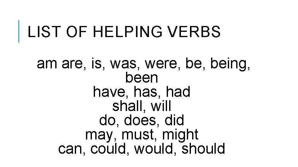 LIST OF HELPING VERBS am are, is, was, were, being, been have, has, had