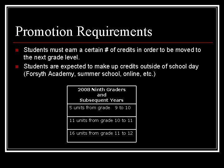 Promotion Requirements n n Students must earn a certain # of credits in order
