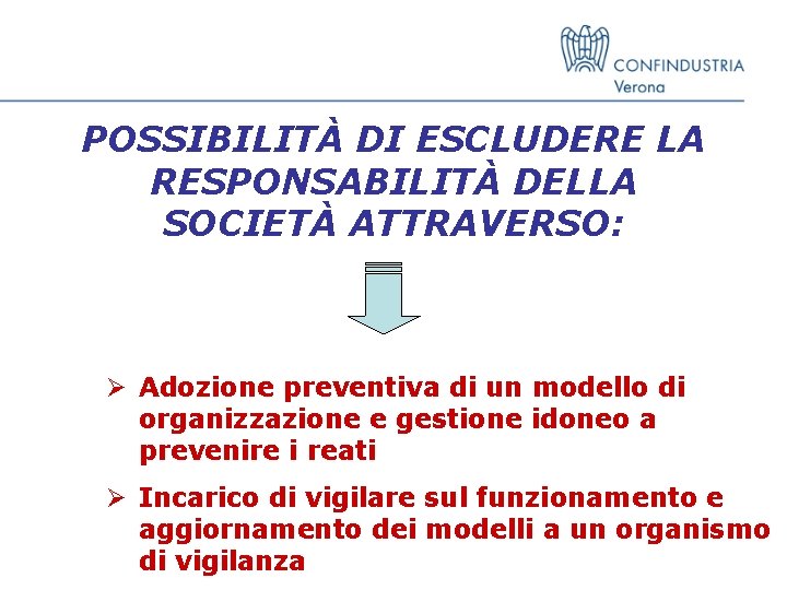 POSSIBILITÀ DI ESCLUDERE LA RESPONSABILITÀ DELLA SOCIETÀ ATTRAVERSO: Ø Adozione preventiva di un modello