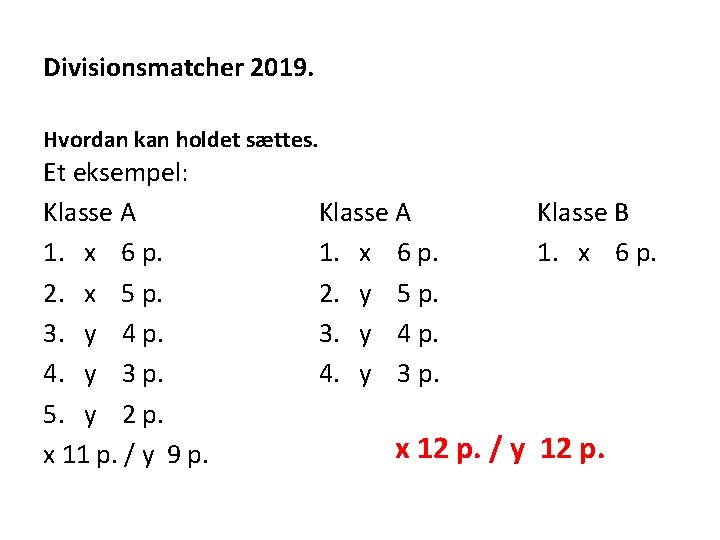 Divisionsmatcher 2019. Hvordan kan holdet sættes. Et eksempel: Klasse A 1. x 6 p.