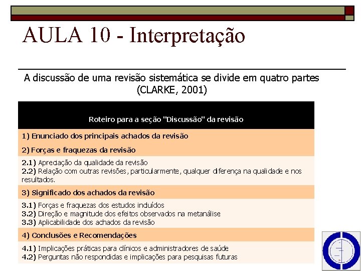 AULA 10 - Interpretação A discussão de uma revisão sistemática se divide em quatro