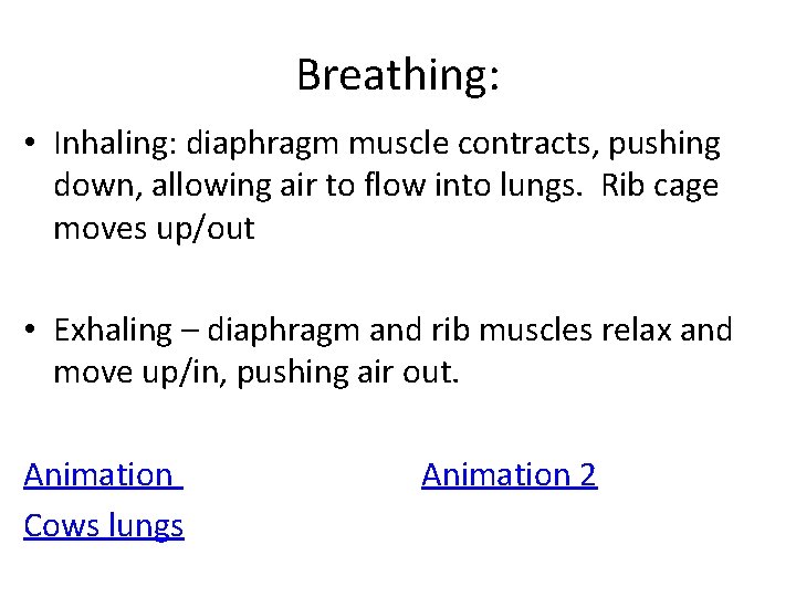 Breathing: • Inhaling: diaphragm muscle contracts, pushing down, allowing air to flow into lungs.