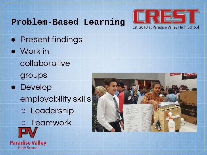 Problem-Based Learning ● Present findings ● Work in collaborative groups ● Develop employability skills