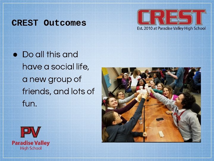 CREST Outcomes ● Do all this and have a social life, a new group