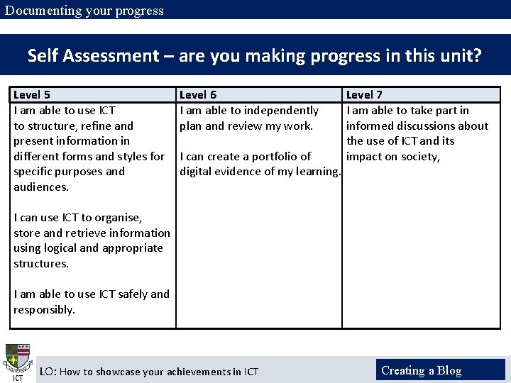 Documenting your progress Self Assessment – are you making progress in this unit? Level