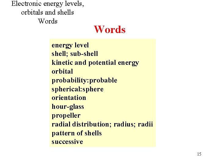 Electronic energy levels, orbitals and shells Words energy level shell; sub-shell kinetic and potential