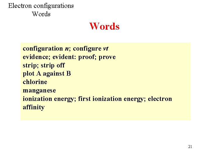 Electron configurations Words configuration n; configure vt evidence; evident: proof; prove strip; strip off