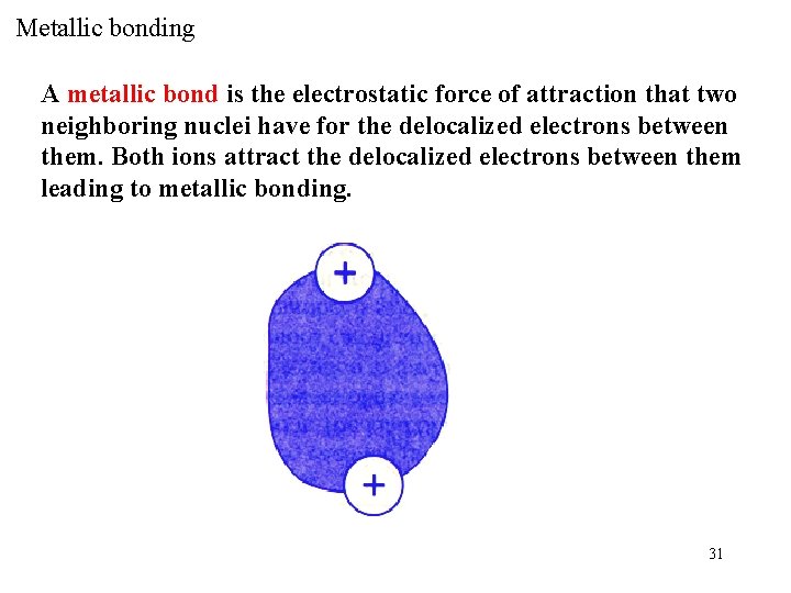 Metallic bonding A metallic bond is the electrostatic force of attraction that two neighboring