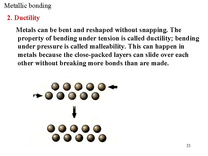 Metallic bonding 2. Ductility Metals can be bent and reshaped without snapping. The property