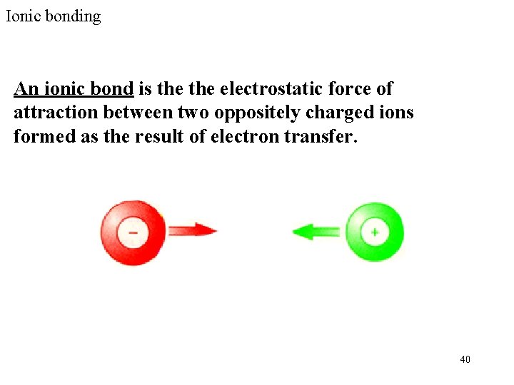 Ionic bonding An ionic bond is the electrostatic force of attraction between two oppositely