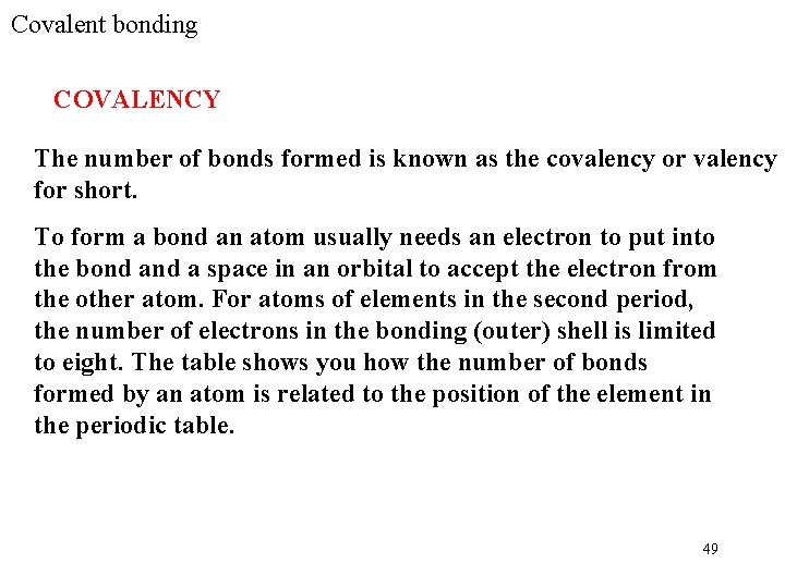 Covalent bonding COVALENCY The number of bonds formed is known as the covalency or