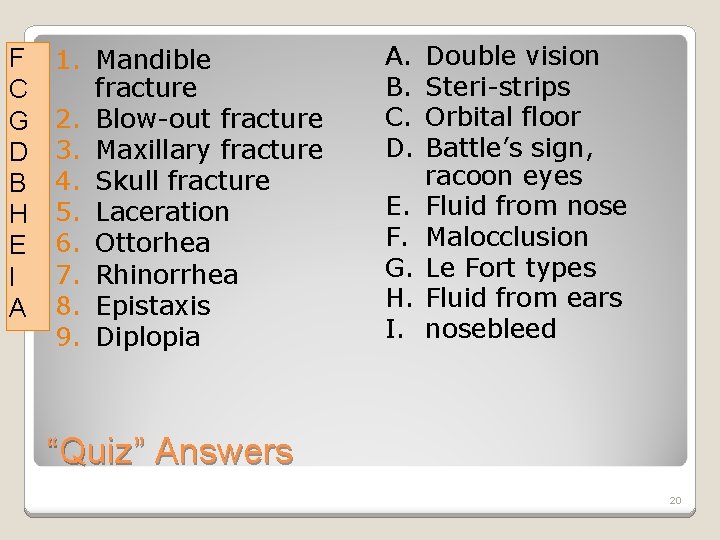F C G D B H E I A 1. Mandible fracture 2. Blow-out
