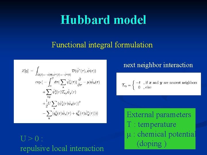Hubbard model Functional integral formulation next neighbor interaction U>0: repulsive local interaction External parameters