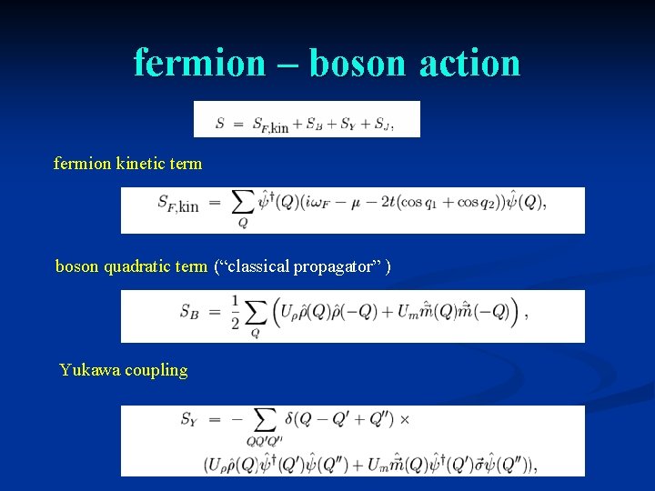 fermion – boson action fermion kinetic term boson quadratic term (“classical propagator” ) Yukawa