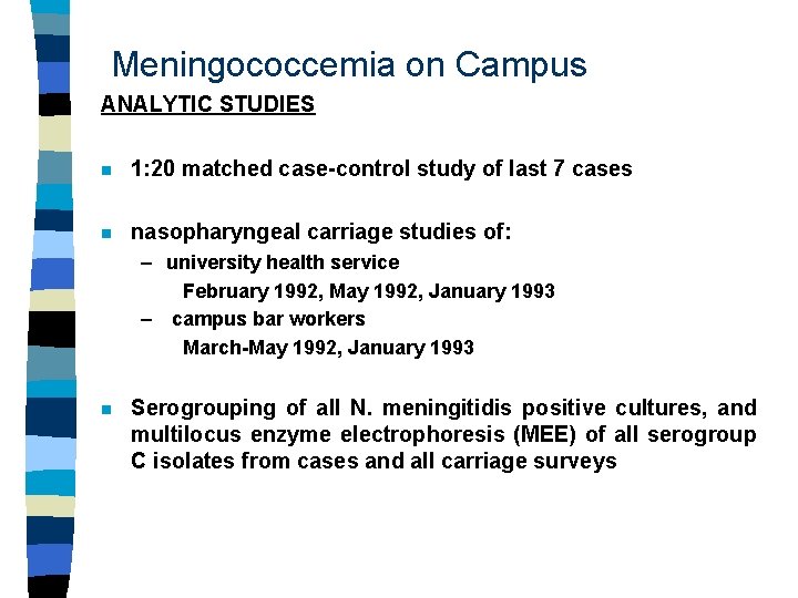 Meningococcemia on Campus ANALYTIC STUDIES n 1: 20 matched case-control study of last 7