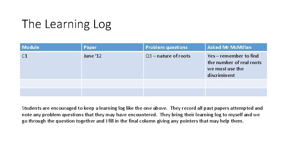 The Learning Log Module Paper Problem questions Asked Mr Mc. Millan C 1 June