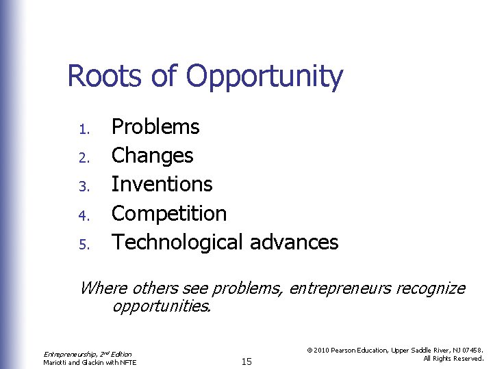 Roots of Opportunity 1. 2. 3. 4. 5. Problems Changes Inventions Competition Technological advances