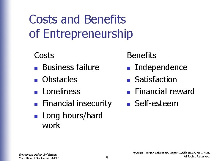 Costs and Benefits of Entrepreneurship Costs n Business failure n Obstacles n Loneliness n