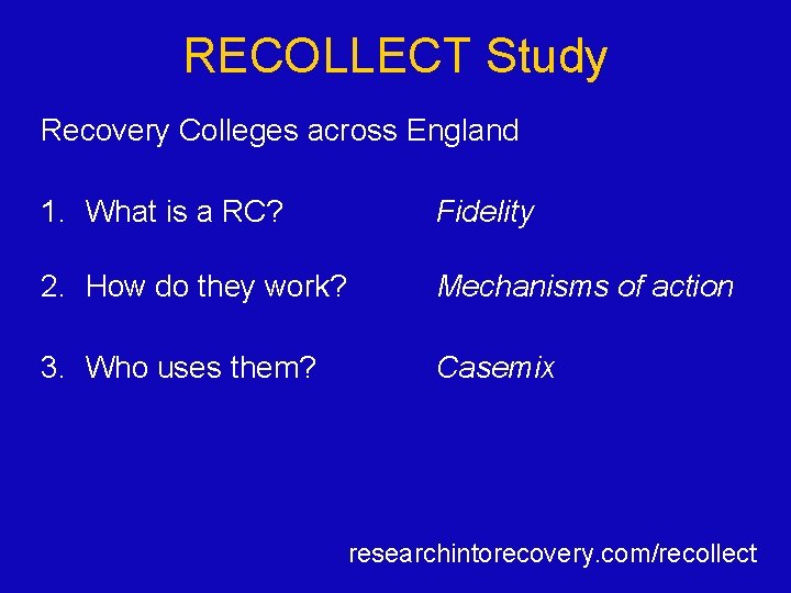 RECOLLECT Study Recovery Colleges across England 1. What is a RC? Fidelity 2. How RECOLLECT Study Recovery Colleges across England 1. What is a RC? Fidelity 2. How