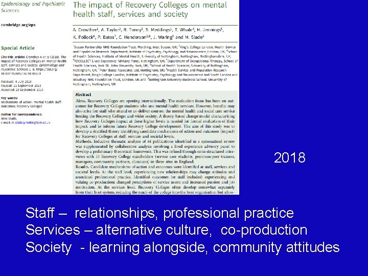 2018 Staff – relationships, professional practice Services – alternative culture, co-production Society - learning 2018 Staff – relationships, professional practice Services – alternative culture, co-production Society - learning