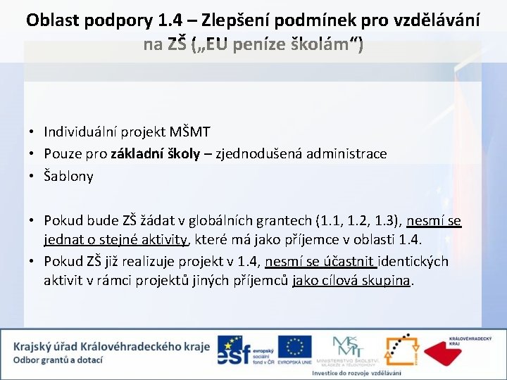 Oblast podpory 1. 4 – Zlepšení podmínek pro vzdělávání na ZŠ („EU peníze školám“)