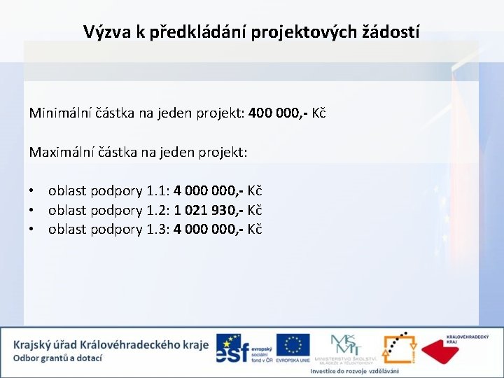 Výzva k předkládání projektových žádostí Minimální částka na jeden projekt: 400 000, - Kč