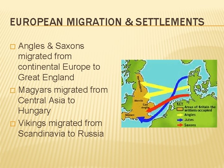 EUROPEAN MIGRATION & SETTLEMENTS Angles & Saxons migrated from continental Europe to Great England