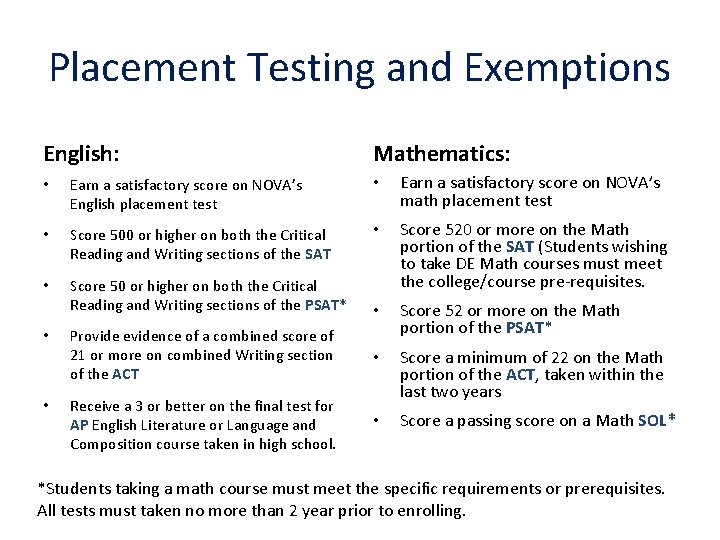 Placement Testing and Exemptions English: Mathematics: • Earn a satisfactory score on NOVA’s English