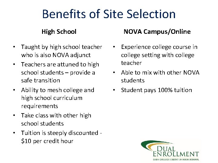 Benefits of Site Selection High School NOVA Campus/Online • Taught by high school teacher