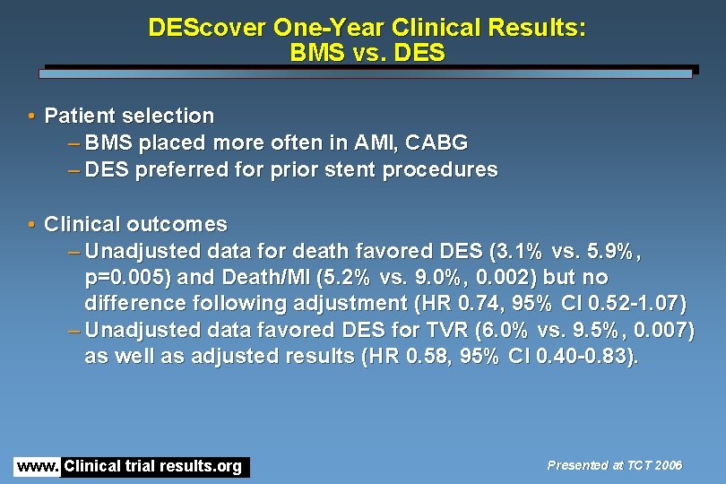 DEScover One-Year Clinical Results: BMS vs. DES • Patient selection – BMS placed more