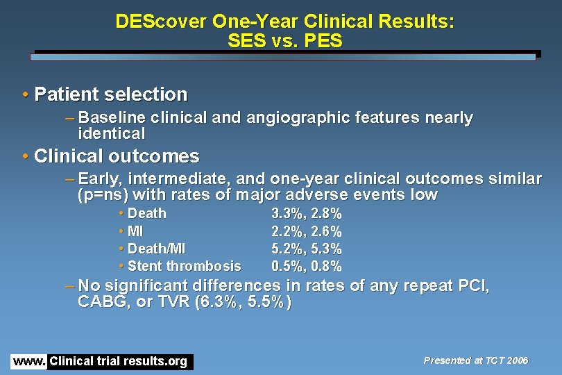 DEScover One-Year Clinical Results: SES vs. PES • Patient selection – Baseline clinical and
