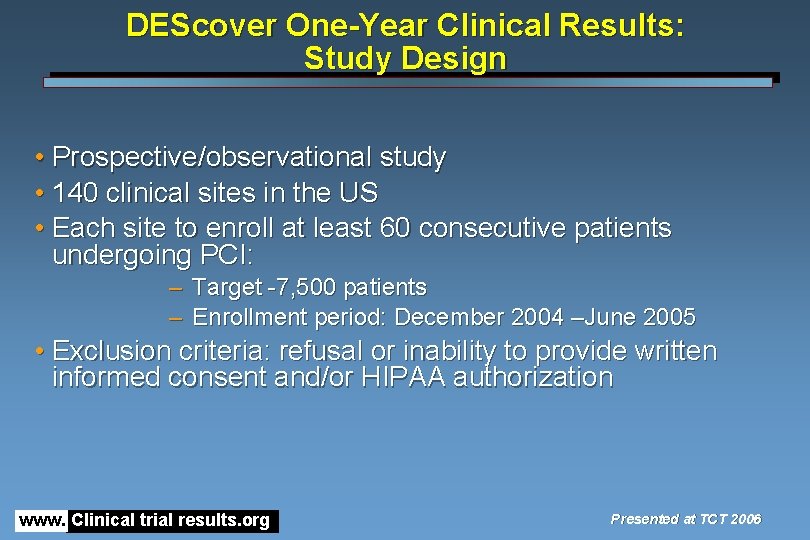 DEScover One-Year Clinical Results: Study Design • Prospective/observational study • 140 clinical sites in