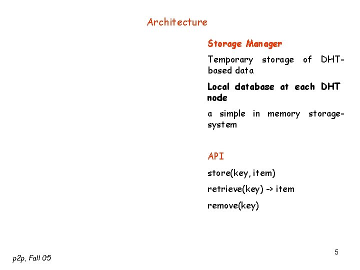 Architecture Storage Manager Temporary storage of DHTbased data Local database at each DHT node
