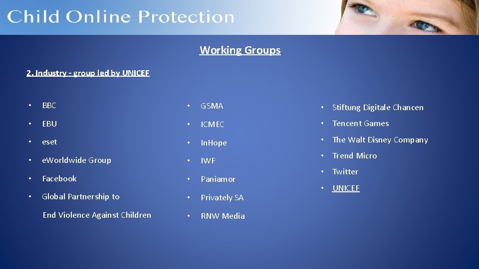 Working Groups 2. Industry – group led by UNICEF • BBC • GSMA •