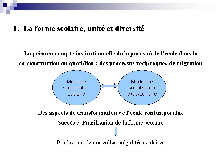 1. La forme scolaire, unité et diversité La prise en compte institutionnelle de la