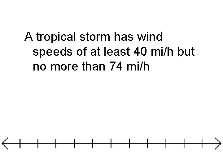 A tropical storm has wind speeds of at least 40 mi/h but no more