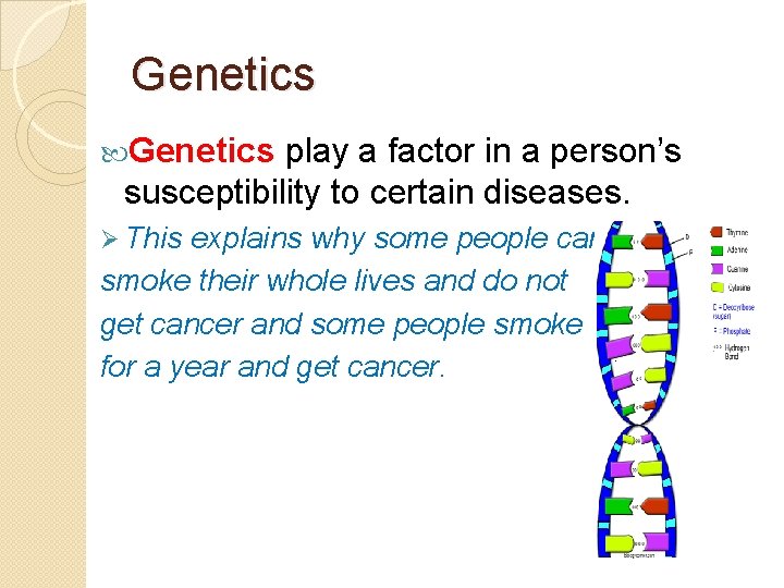 Genetics play a factor in a person’s susceptibility to certain diseases. Ø This explains