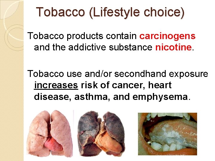Tobacco (Lifestyle choice) Tobacco products contain carcinogens and the addictive substance nicotine. Tobacco use