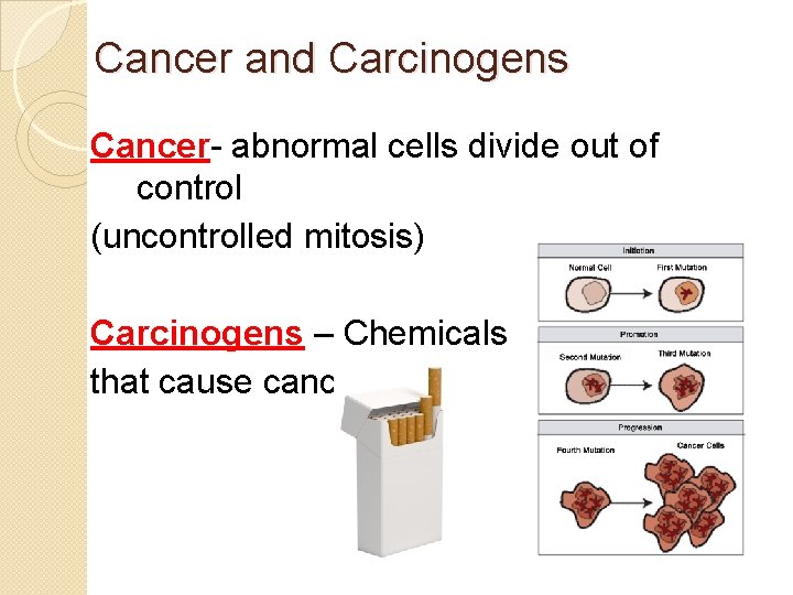 Cancer and Carcinogens Cancer- abnormal cells divide out of control (uncontrolled mitosis) Carcinogens –
