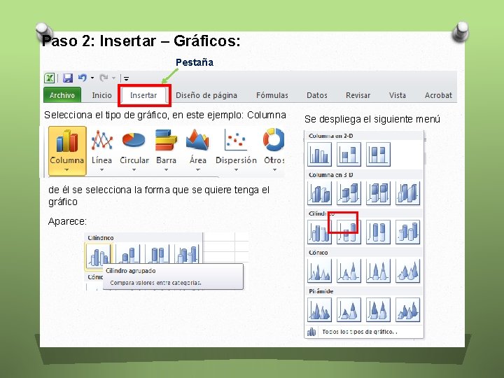 Paso 2: Insertar – Gráficos: Pestaña Selecciona el tipo de gráfico, en este ejemplo: