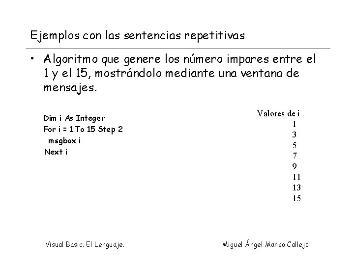 Ejemplos con las sentencias repetitivas • Algoritmo que genere los número impares entre el