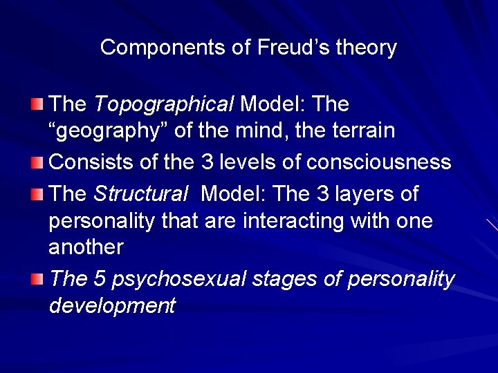 Components of Freud’s theory The Topographical Model: The “geography” of the mind, the terrain