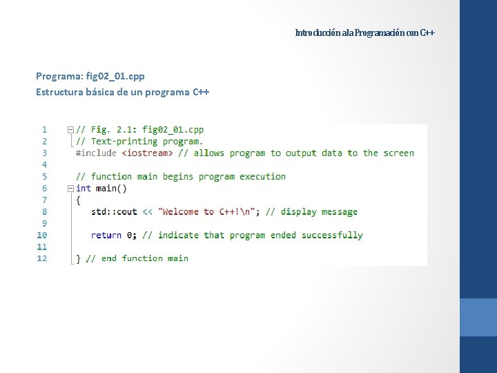 Introducción a la Programación con C++ Programa: fig 02_01. cpp Estructura básica de un