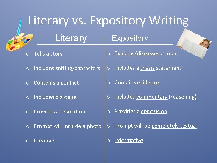 Literary vs. Expository Writing Literary Expository o Tells a story o Explains/discusses a topic