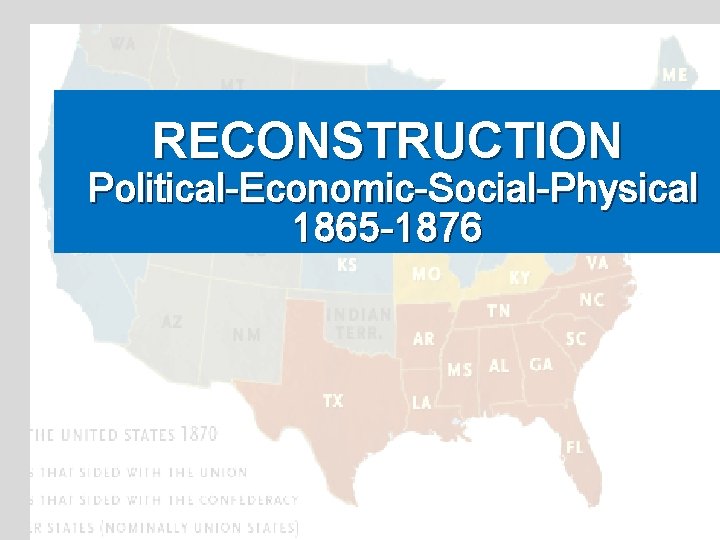 RECONSTRUCTION Political-Economic-Social-Physical 1865 -1876 