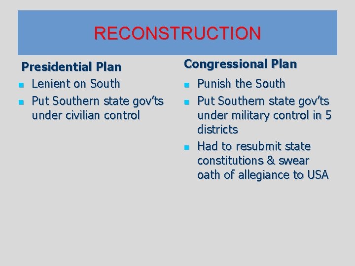 RECONSTRUCTION Presidential Plan n Lenient on South n Put Southern state gov’ts under civilian