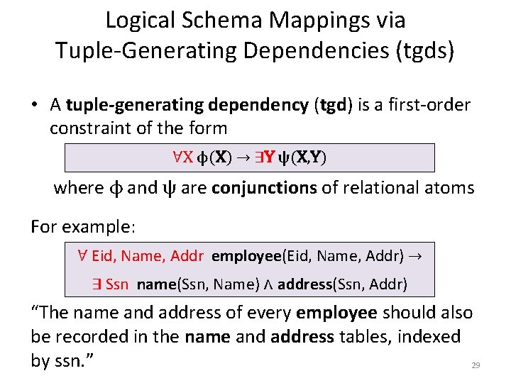 Logical Schema Mappings via Tuple-Generating Dependencies (tgds) • A tuple-generating dependency (tgd) is a