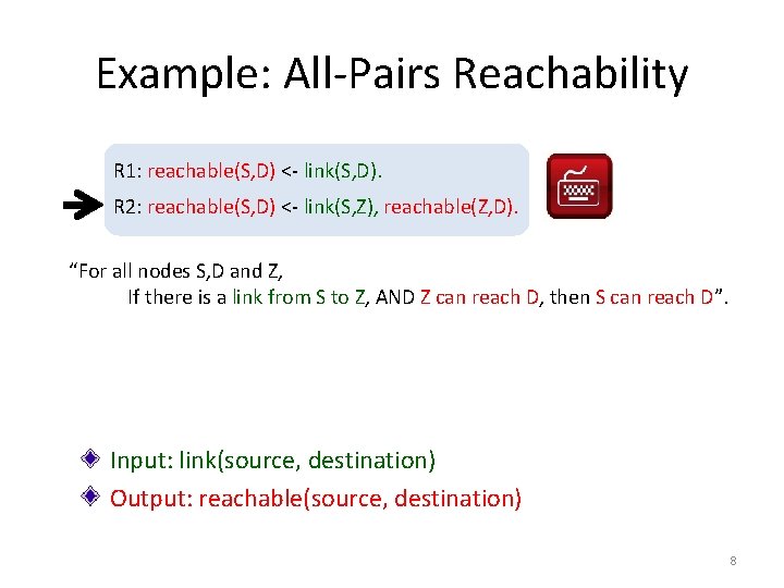 Example: All-Pairs Reachability R 1: reachable(S, D) <- link(S, D). R 2: reachable(S, D)