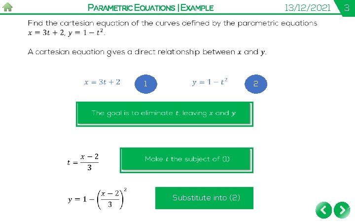 PARAMETRIC EQUATIONS | EXAMPLE 1 13/12/2021 2 Substitute into (2) 3 