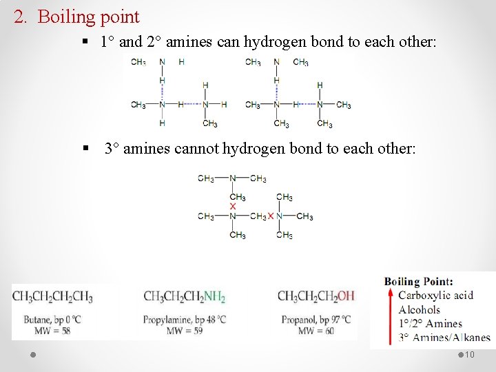 2. Boiling point § 1° and 2° amines can hydrogen bond to each other: